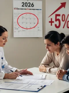 Familia preocupada revisando documentos de seguro de salud con un profesional, con un calendario de 2026 y un símbolo de aumento del 5%.