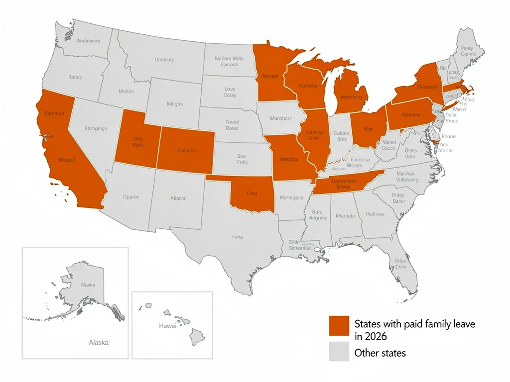 Mapa de EE. UU. destacando los 11 estados con licencia familiar remunerada en 2026.