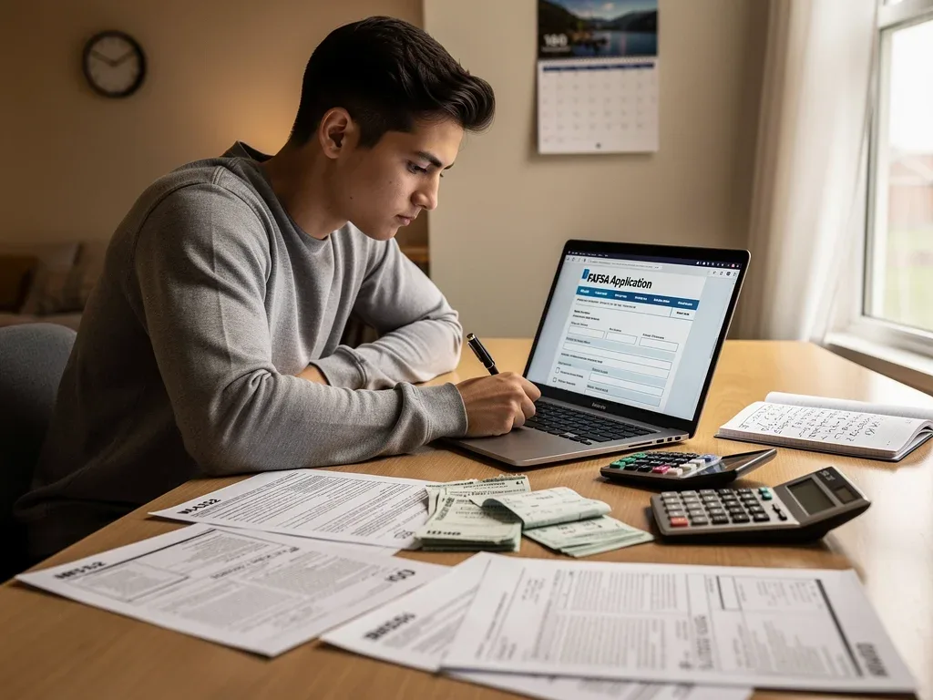 Persona completando el formulario FAFSA en un ordenador portátil, rodeada de documentos financieros importantes.
