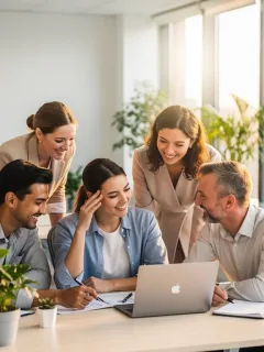 Empleados diversos sonriendo en una oficina moderna, con elementos que sugieren bienestar y apoyo a la salud mental.