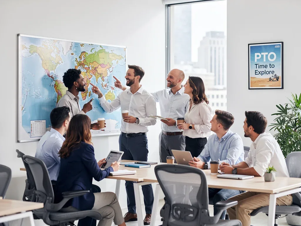 Empleados en una oficina discutiendo planes de vacaciones y beneficios de tiempo libre.