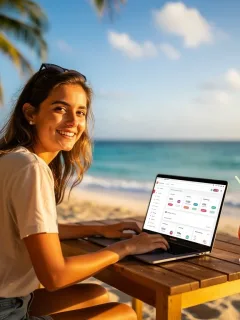 Persona trabajando felizmente desde una playa, simbolizando el equilibrio entre trabajo y tiempo libre remunerado.