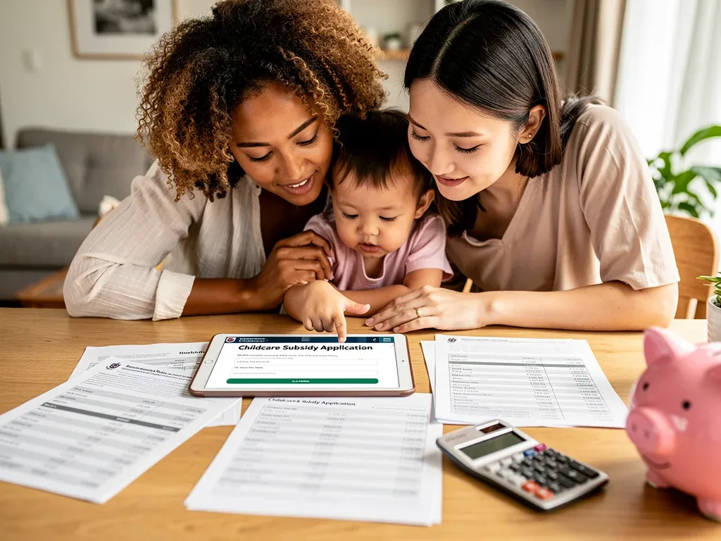 Familia revisando documentos financieros para solicitar subsidios de cuidado infantil en 2026.