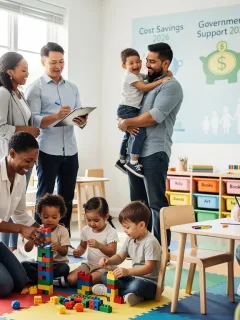 Familias felices y niños jugando en un centro de cuidado infantil moderno, simbolizando los beneficios y subsidios para 2026.
