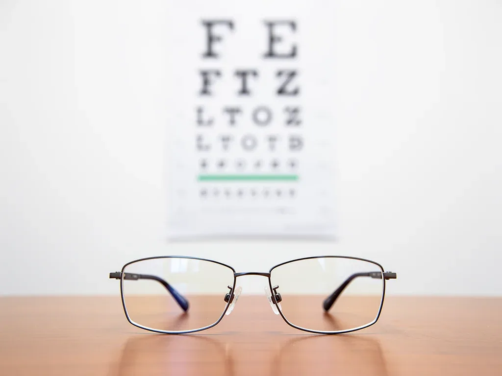 Tabla optométrica y gafas, representando la importancia de los beneficios de la vista.