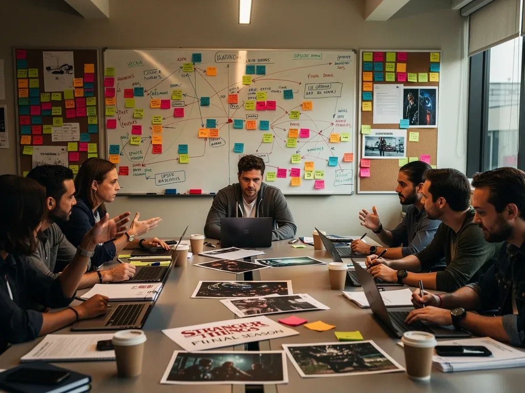 El equipo de guionistas de Stranger Things debatiendo intensamente los giros de la temporada final.