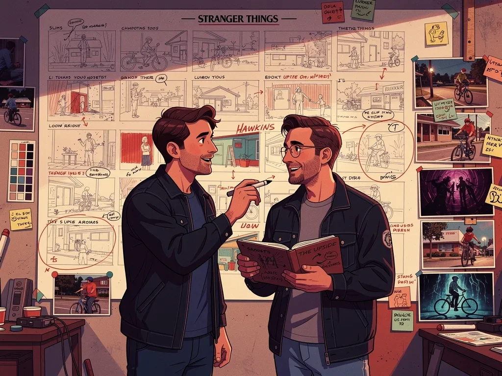 Los hermanos Duffer, creadores de Stranger Things, discutiendo ideas creativas, simbolizando la visión detrás del fenómeno cultural.