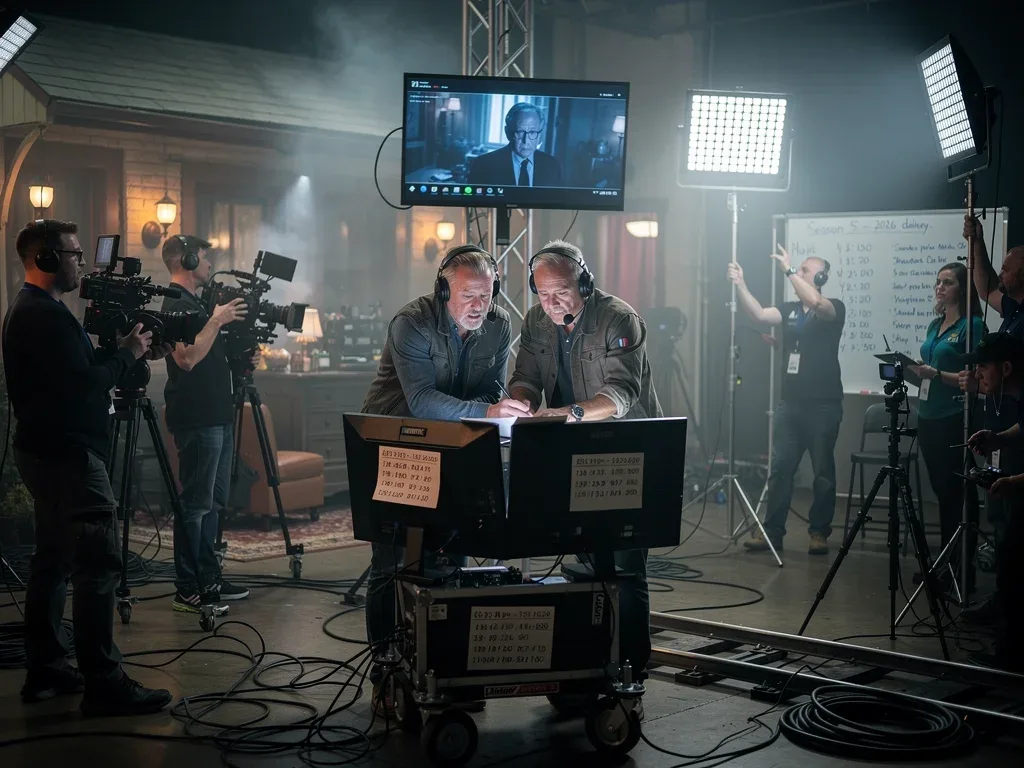 Los Duffer Brothers en el set de Stranger Things 5, discutiendo desafíos de producción para el lanzamiento de 2026.