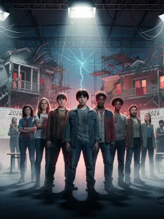 Elenco de Stranger Things 5 enfrentando desafíos de producción en 2025, con un cronograma de lanzamiento de 2026 al fondo.