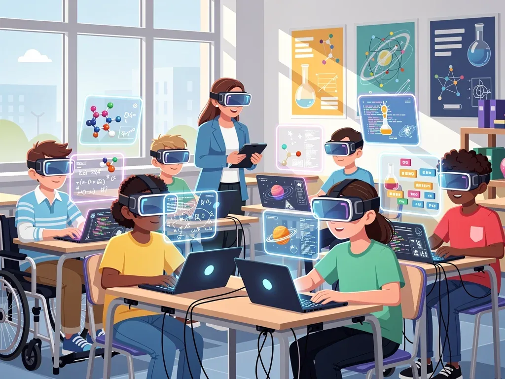 Alumnos utilizando realidad virtual para aprender conceptos STEM, destacando el aprendizaje personalizado.