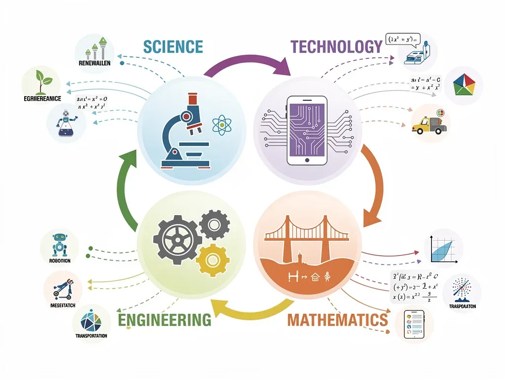 Infografía de conceptos STEM interconectados, ilustrando la importancia de la interdisciplinaridad en la educación.