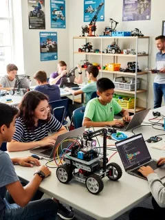 Estudiantes colaborando en un proyecto de robótica, representando la integración tecnológica en la enseñanza STEM en EE. UU.