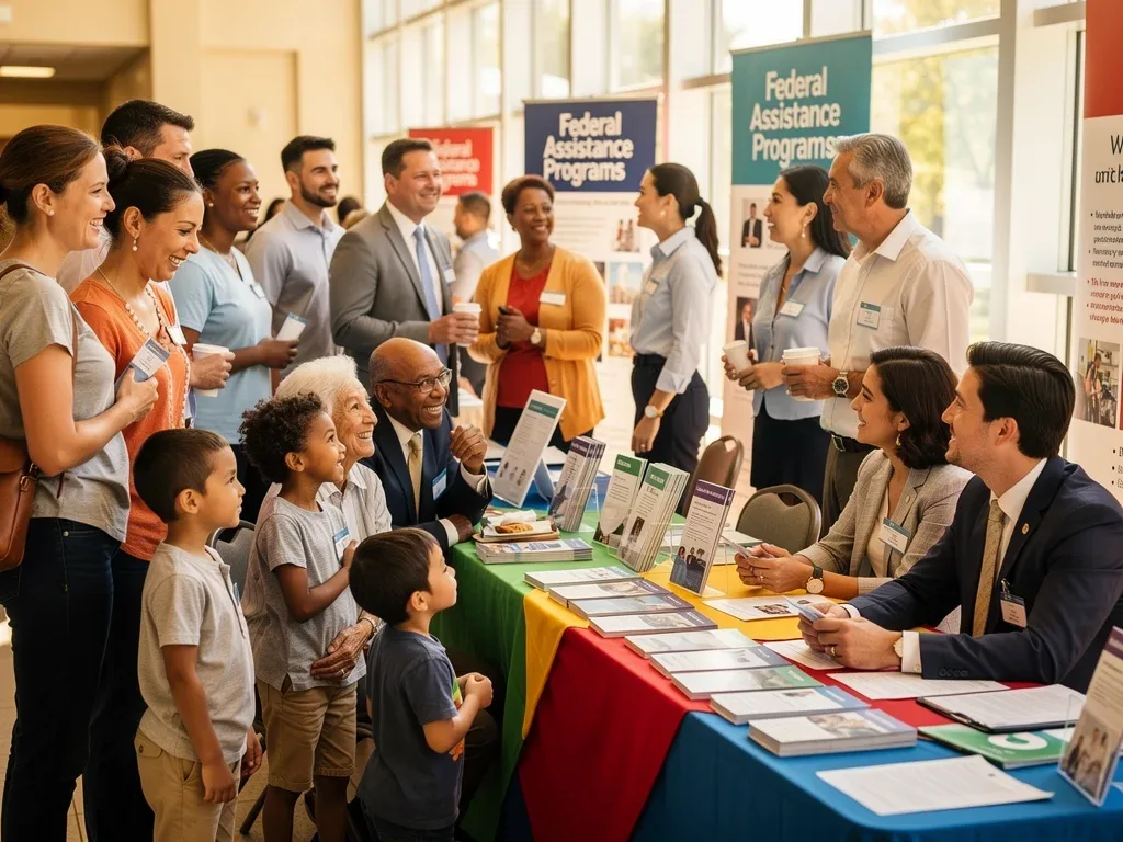 Personas diversas interactuando en un evento comunitario sobre programas de asistencia federal de 2026, con un ambiente de esperanza y apoyo.