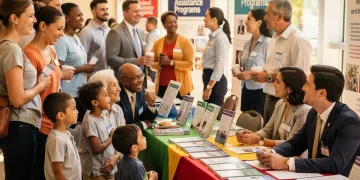 Personas diversas interactuando en un evento comunitario sobre programas de asistencia federal de 2026, con un ambiente de esperanza y apoyo.
