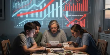 Familia preocupada revisando documentos financieros con gráficos de inflación al fondo, representando el impacto de la inflación de 2026 en beneficios sociales.