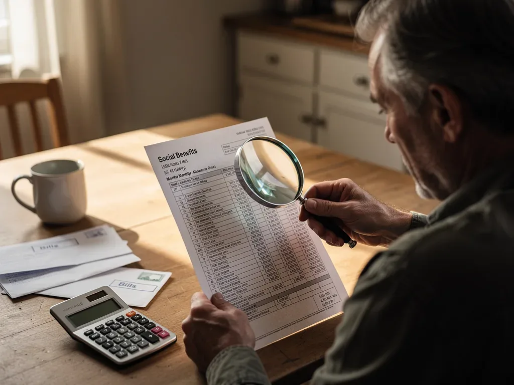 Persona examinando una declaración de beneficios con lupa, destacando la revisión detallada en tiempos de inflación.