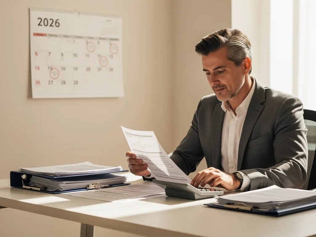 Persona revisando documentos fiscales y calculadora, con un calendario de 2026, planificando beneficios fiscales.
