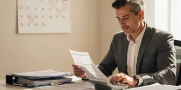 Persona revisando documentos fiscales y calculadora, con un calendario de 2026, planificando beneficios fiscales.