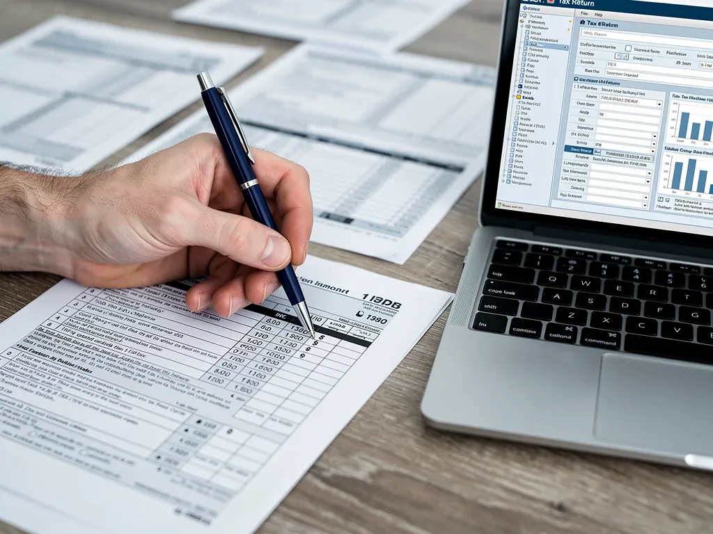 Mano resaltando una sección en un formulario de impuestos, con documentos financieros y laptop.