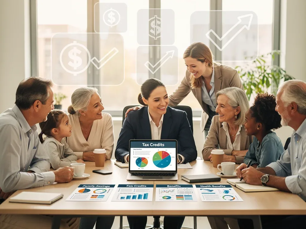 Grupo diverso de personas consultando a un asesor financiero sobre créditos fiscales.
