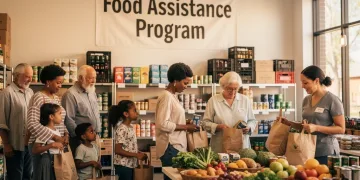 Familias y personas mayores recibiendo alimentos de un programa de asistencia alimentaria, simbolizando la ayuda comunitaria.