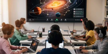 Estudiantes participando en una clase virtual de maestrías online en ciencias espaciales, analizando datos cósmicos.