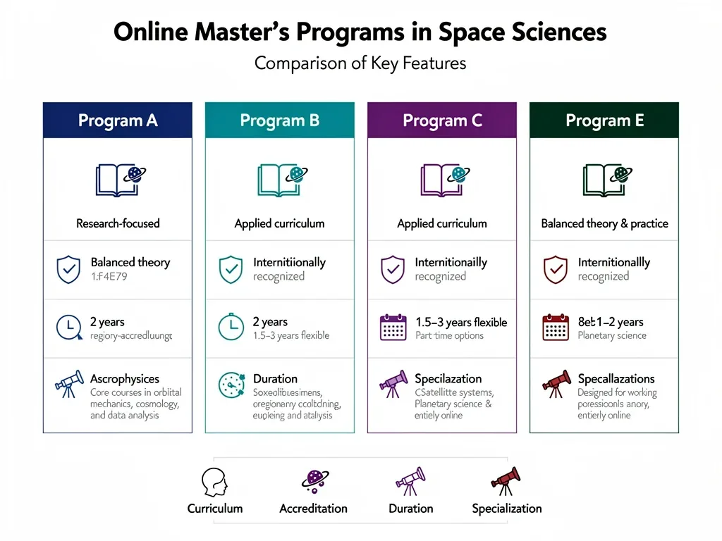 Infografía comparativa de cinco programas de maestrías online en ciencias espaciales, destacando sus características principales.