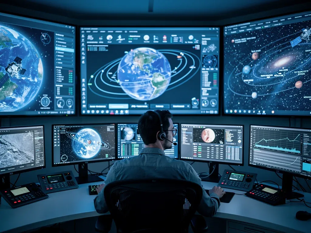 Profesional monitoreando datos satelitales en un centro de control, aplicando conocimientos de maestrías en ciencias espaciales.