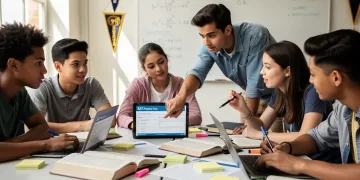 Estudiantes preparándose intensamente para el examen SAT digital, enfocados en sus estudios y colaborando en grupo.