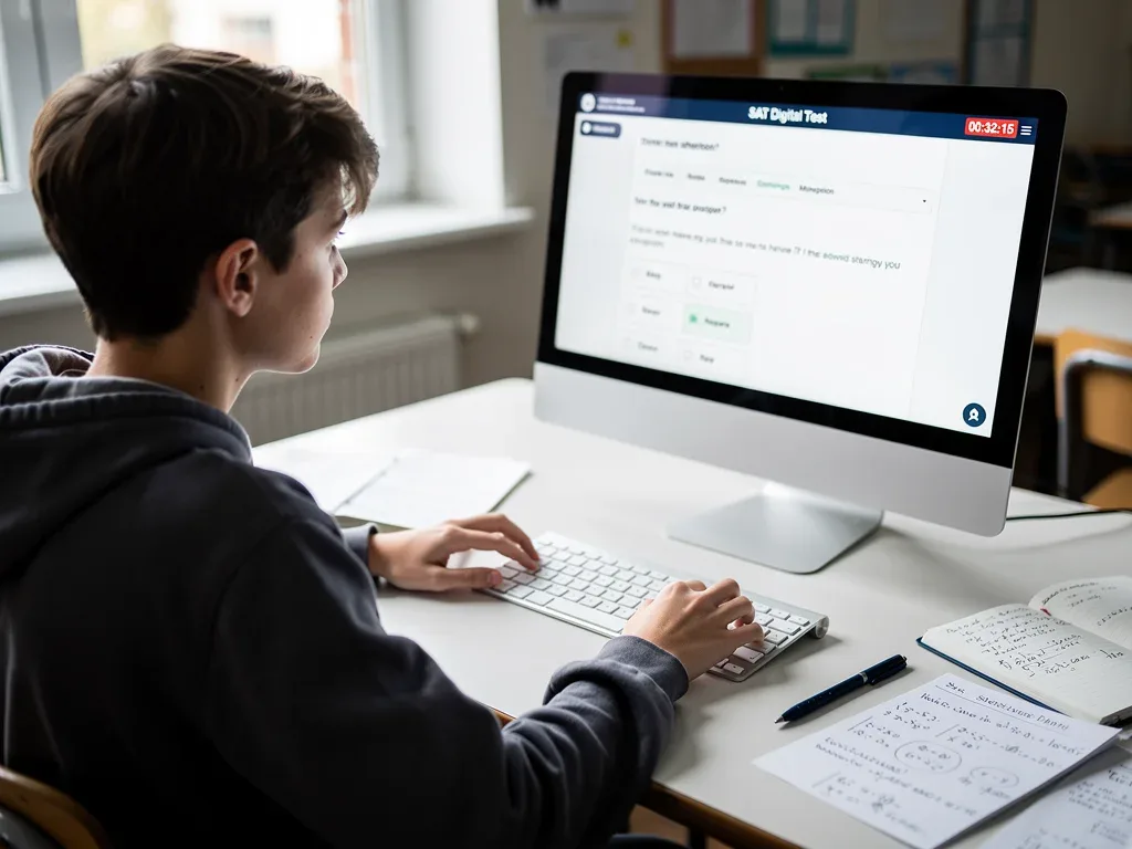 Estudiante concentrado resolviendo un examen SAT digital en su computadora, con apuntes cercanos.