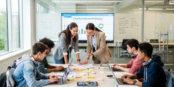 Estudiantes de bachillerato participando en un programa dual, combinando estudios de preparatoria con créditos universitarios en un entorno moderno.