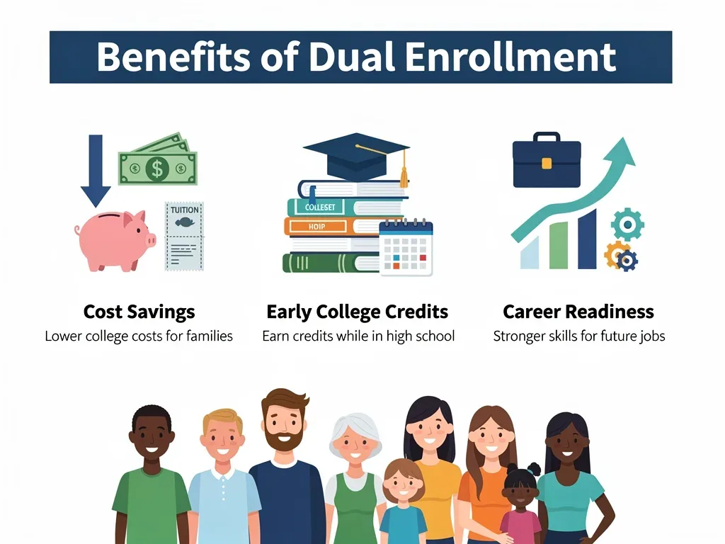 Infografía destacando los beneficios clave de los programas duales de bachillerato y créditos universitarios, incluyendo ahorro económico y preparación académica.