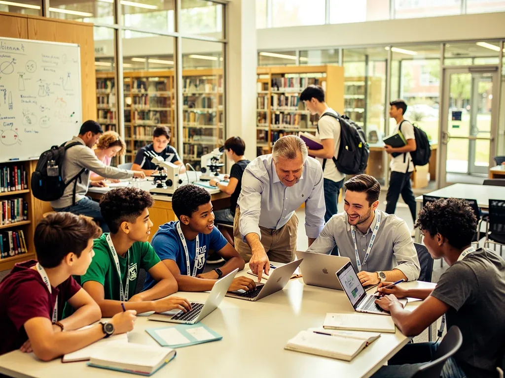 Jóvenes estudiantes de preparatoria interactuando con profesores universitarios en un campus, simbolizando la integración de los programas duales.