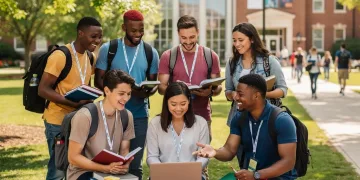 Estudiantes universitarios discutiendo en un campus, simbolizando la transferencia exitosa de créditos.