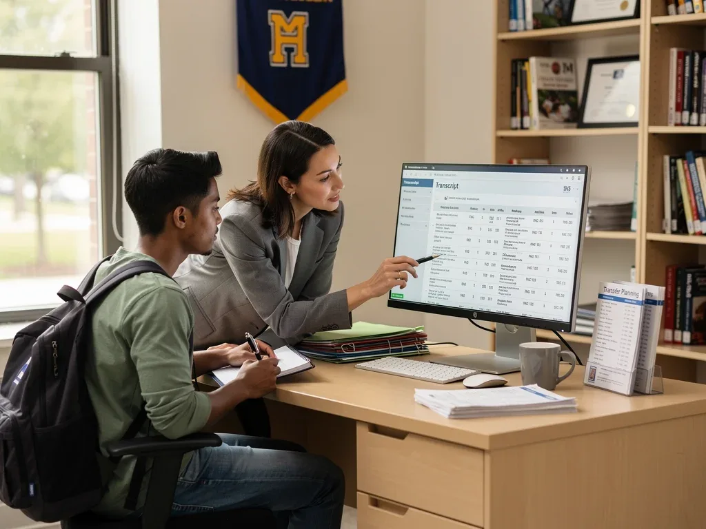 Estudiante y asesor académico revisando transcripciones para la transferencia de créditos.