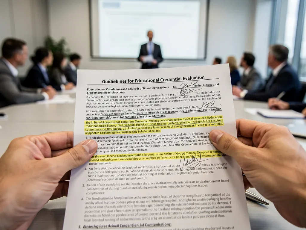 Manos señalando cláusulas clave en documentos de validación federal para títulos docentes.