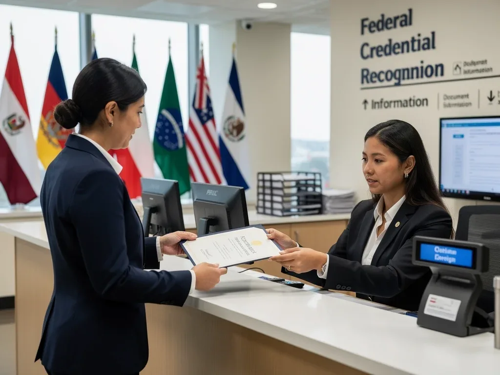 Educador extranjero presentando su título para acreditación docente federal en 2026.