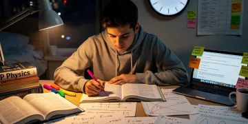 Estudiante concentrado en un plan de estudio intensivo de 6 semanas para el examen AP Physics, rodeado de libros y fórmulas.