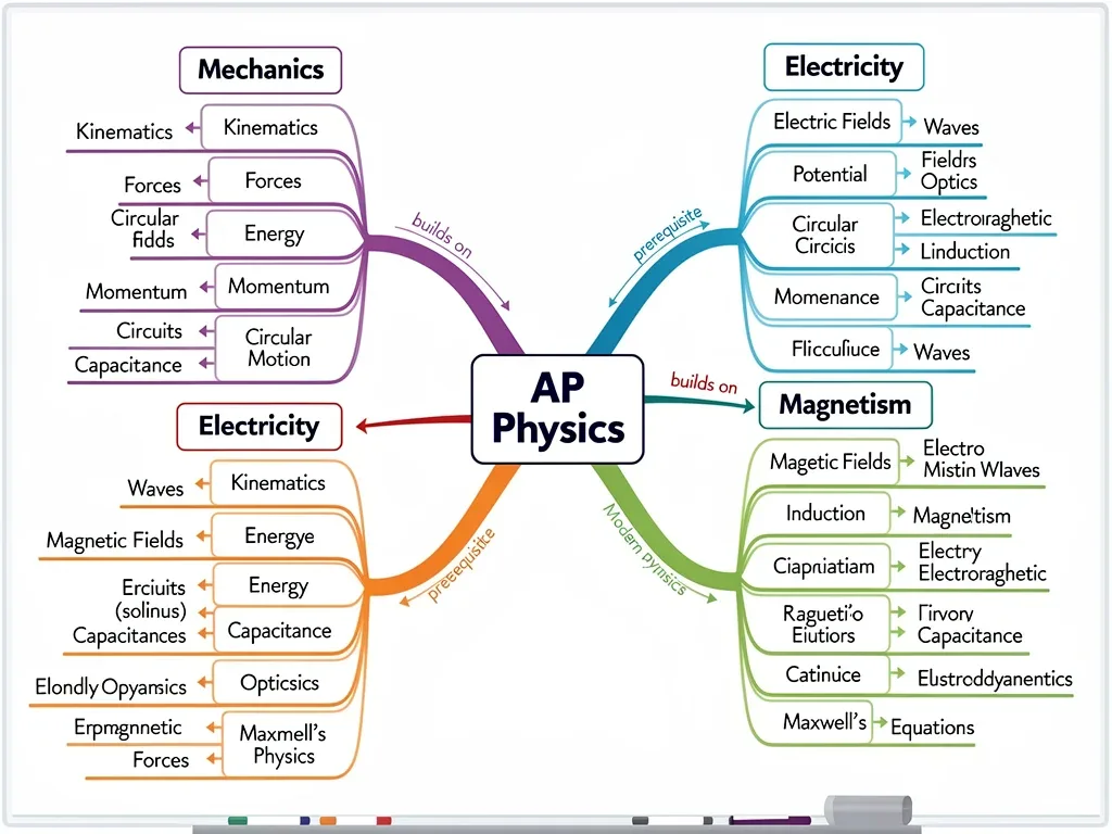 Mapa mental detallado de los temas clave de AP Physics, mostrando interconexiones y flujo de estudio.