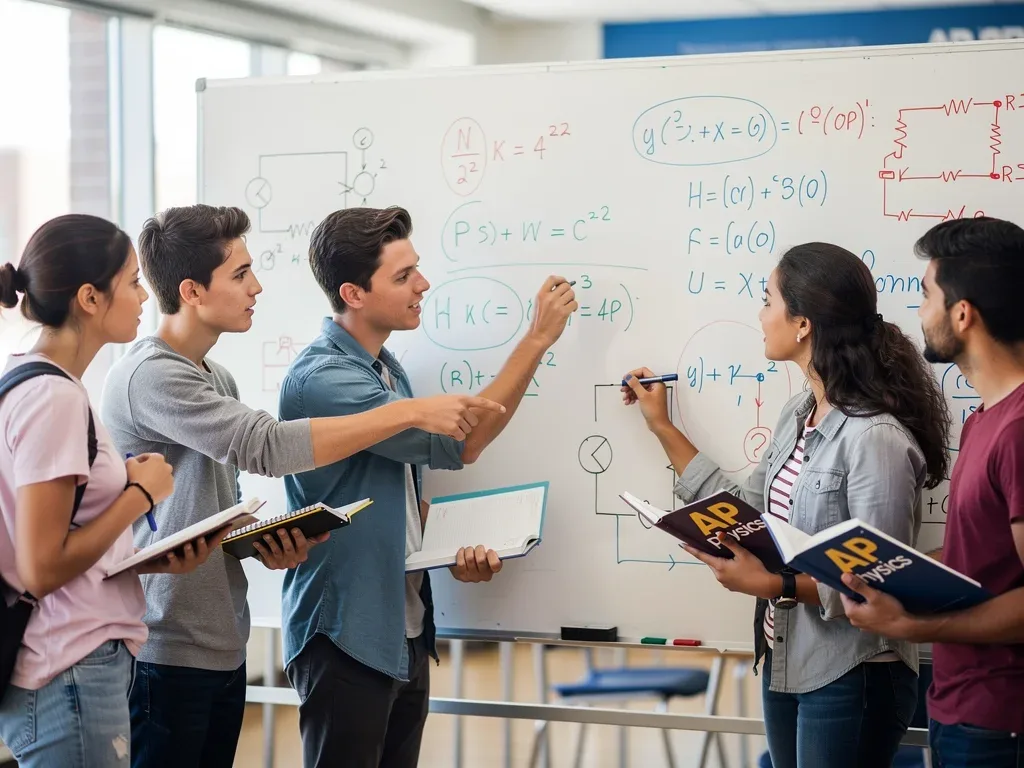Estudiantes colaborando en la resolución de problemas complejos de física para la preparación del examen AP.