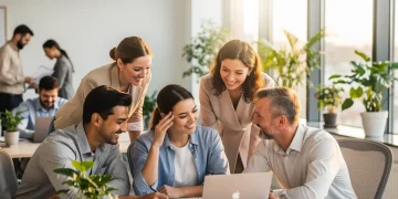 Empleados diversos sonriendo en una oficina moderna, con elementos que sugieren bienestar y apoyo a la salud mental.