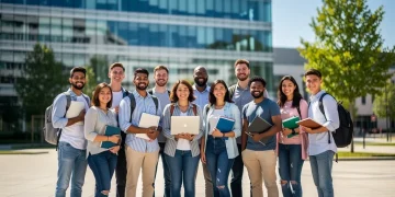 Estudiantes diversos y sonrientes frente a una universidad, simbolizando el éxito educativo y el acceso a la ayuda financiera.
