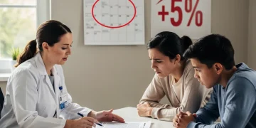 Familia preocupada revisando documentos de seguro de salud con un profesional, con un calendario de 2026 y un símbolo de aumento del 5%.