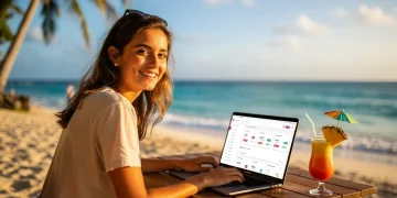 Persona trabajando felizmente desde una playa, simbolizando el equilibrio entre trabajo y tiempo libre remunerado.