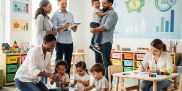 Familias felices y niños jugando en un centro de cuidado infantil moderno, simbolizando los beneficios y subsidios para 2026.