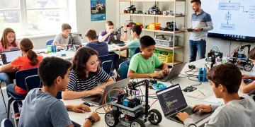 Estudiantes colaborando en un proyecto de robótica, representando la integración tecnológica en la enseñanza STEM en EE. UU.