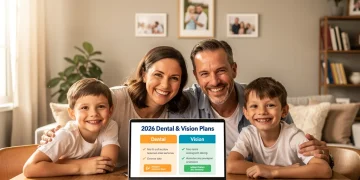 Familia feliz comparando beneficios dentales y de la vista para 2026 en un ordenador.