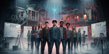 Elenco de Stranger Things 5 enfrentando desafíos de producción en 2025, con un cronograma de lanzamiento de 2026 al fondo.